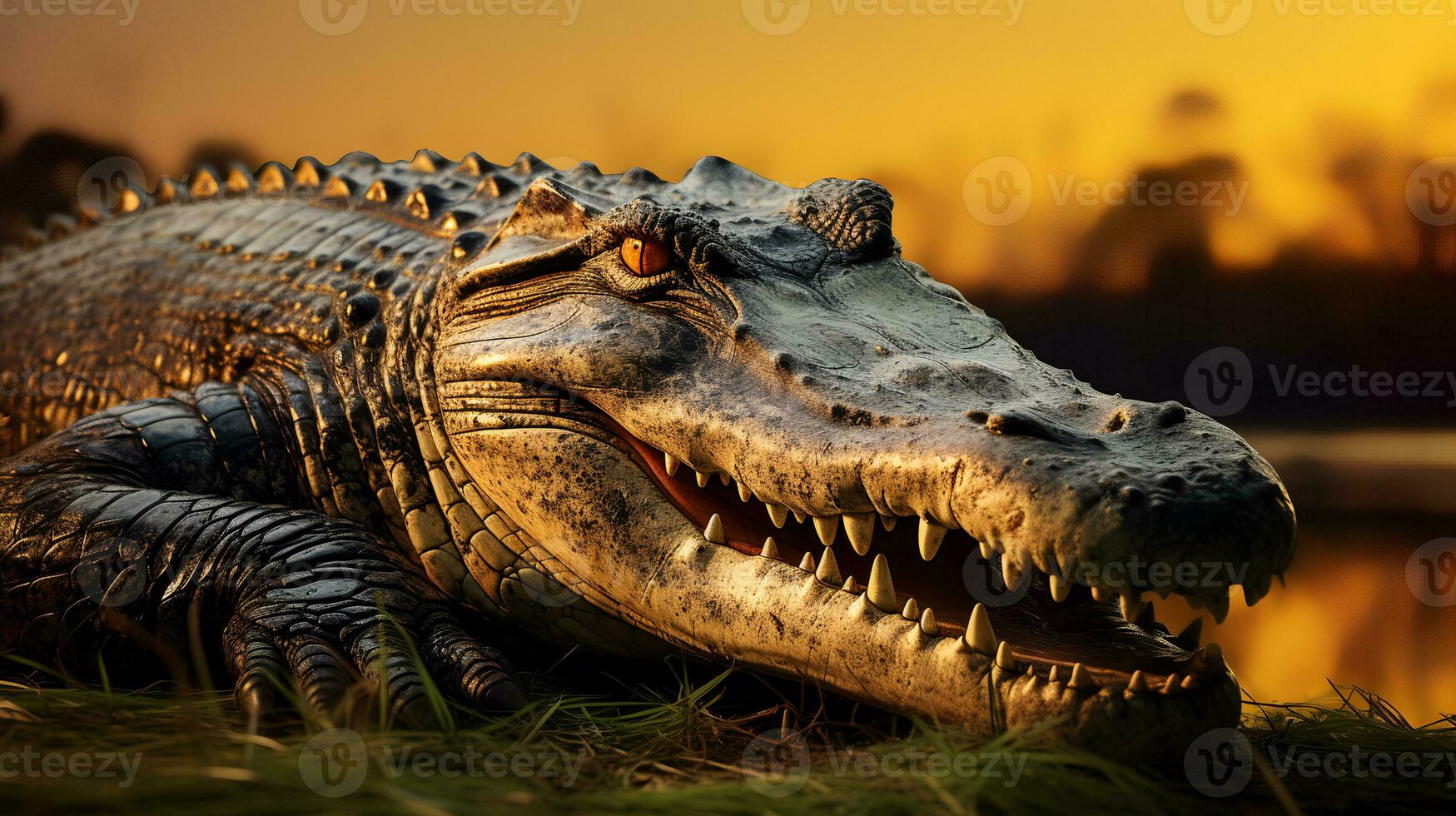 foto van krokodil Aan savanne Bij zonsondergang. generatief ai
