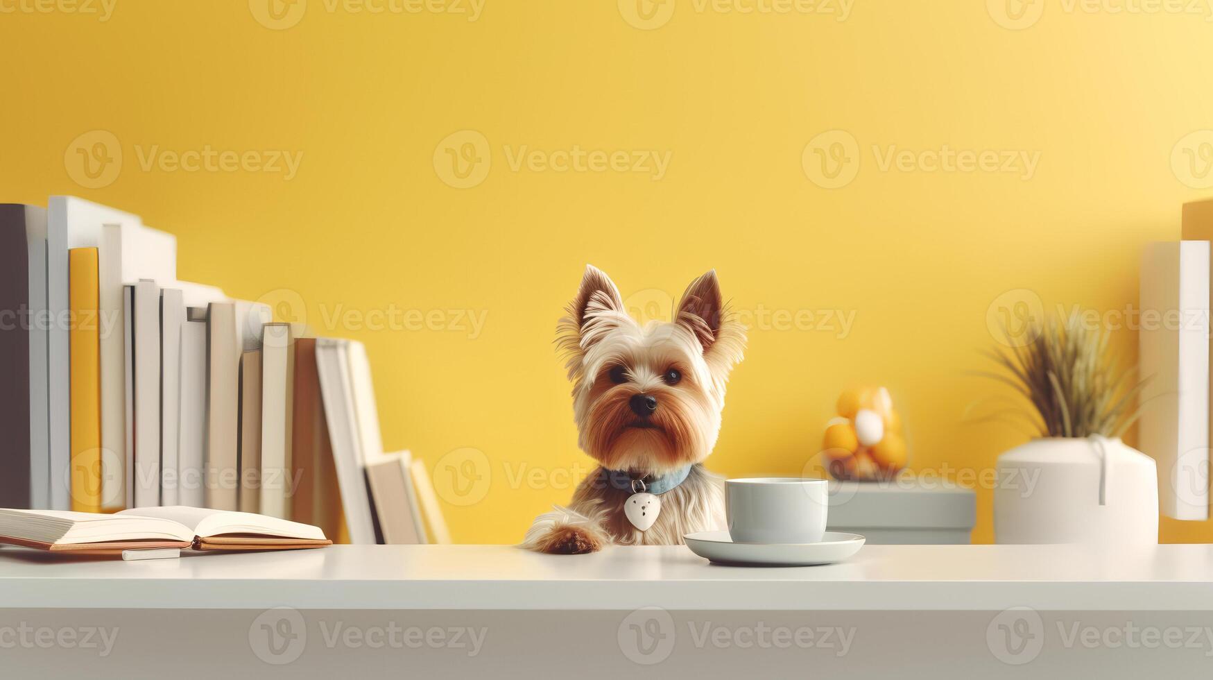 een yorkshire terriër hond in een geel trui zit aan het studeren vergezeld door een kop en aambeien van boeken. generatief ai foto