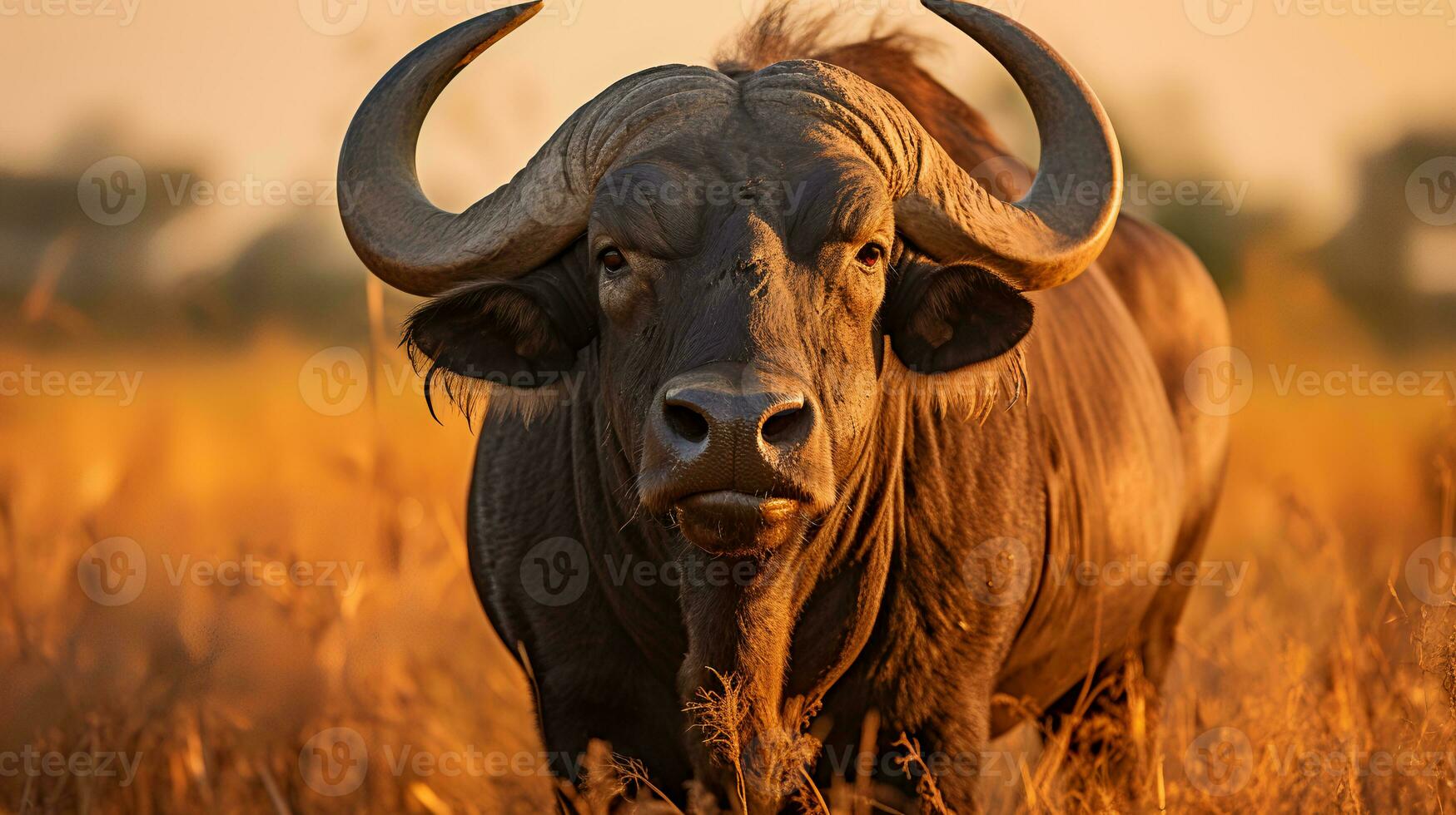 foto van buffel Aan savanne Bij zonsondergang. generatief ai