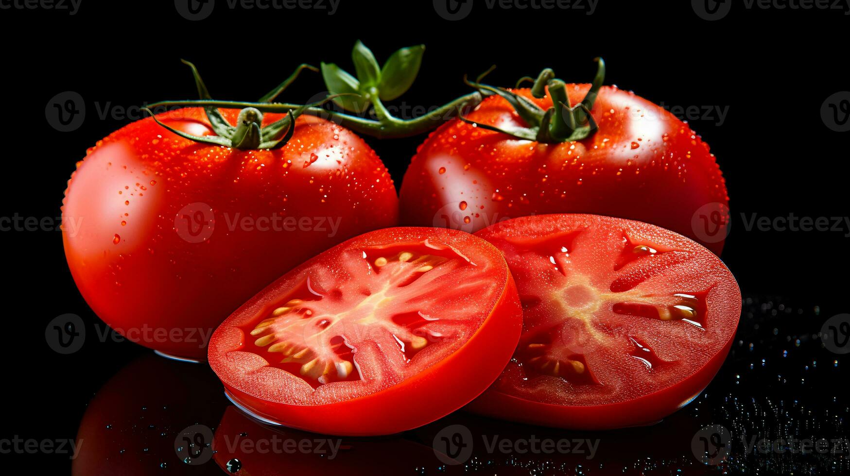 foto van tomaten en plak van tomaat geïsoleerd Aan zwart achtergrond