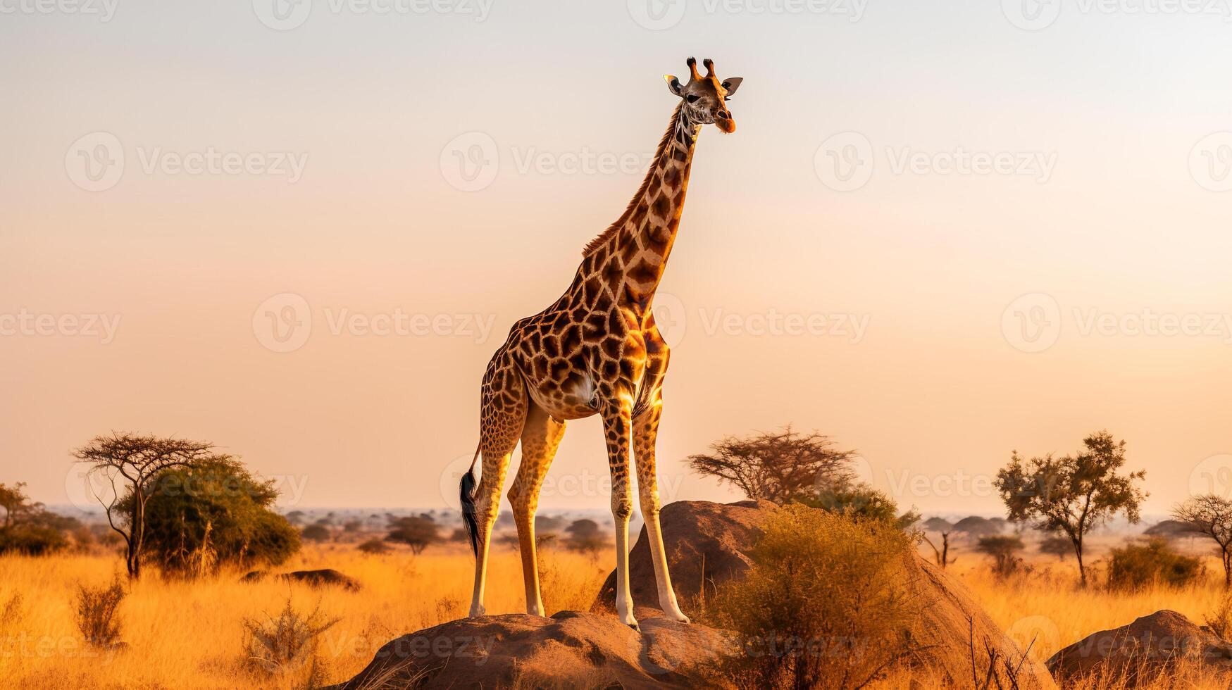 foto van giraffe Aan savanne Bij zonsondergang. generatief ai