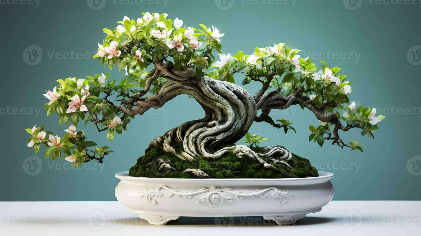 foto van bonsai in minimalistische pot net zo kamerplant voor huis decoratie geïsoleerd Aan wazig achtergrond. generatief ai