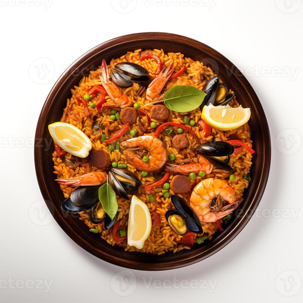 voedsel fotografie van paella Aan bord geïsoleerd Aan wit achtergrond. generatief ai foto