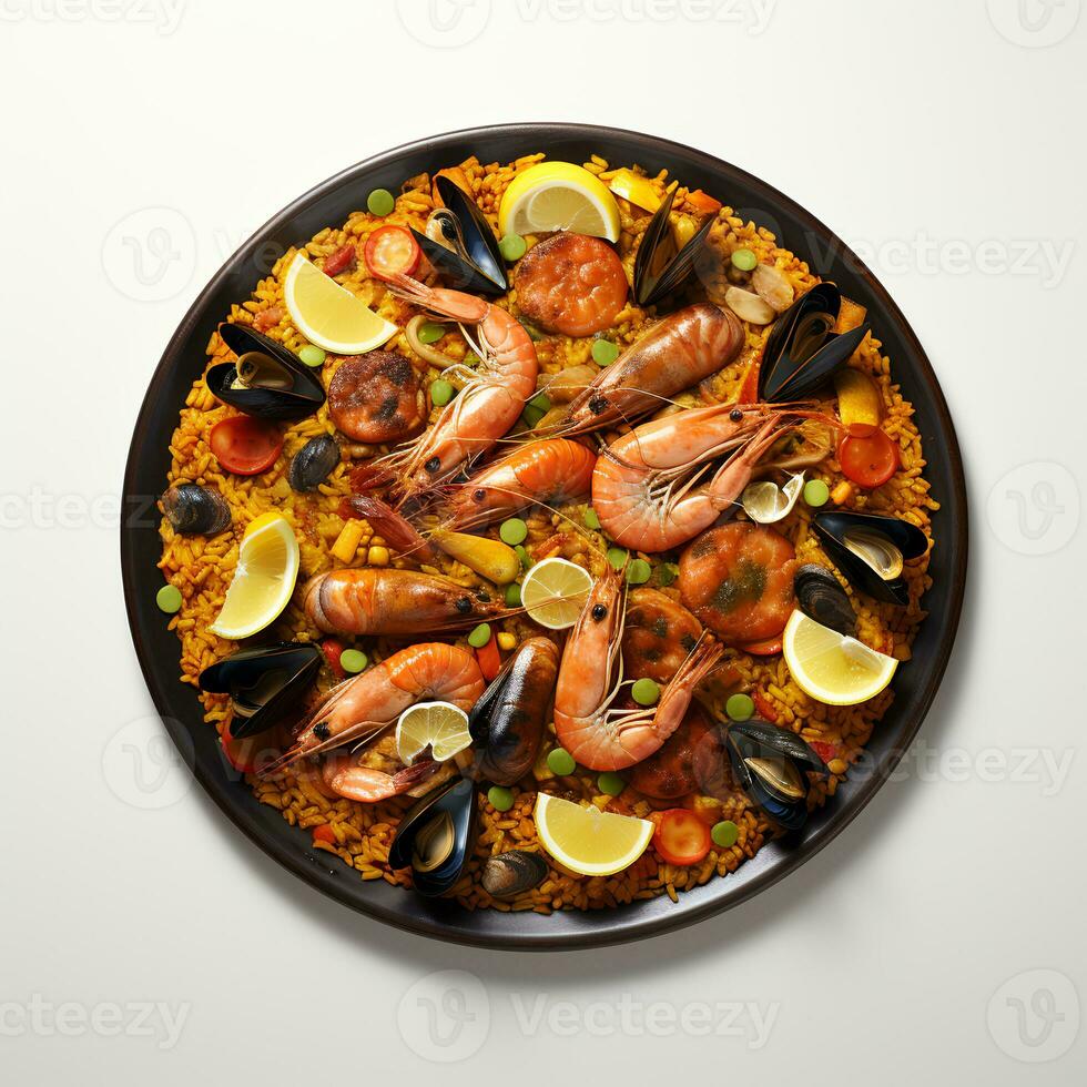 voedsel fotografie van paella Aan bord geïsoleerd Aan wit achtergrond. generatief ai foto