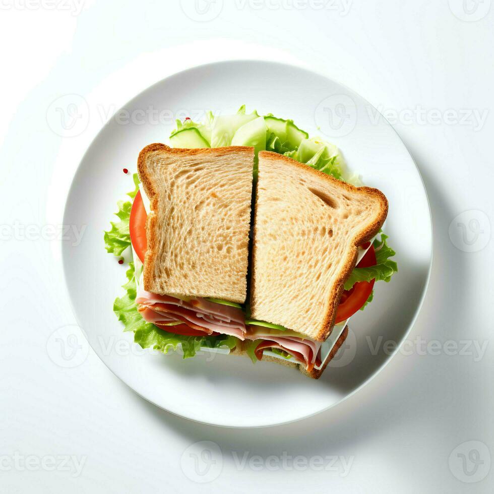 voedsel fotografie van belegd broodje Aan bord geïsoleerd Aan wit achtergrond. generatief ai foto