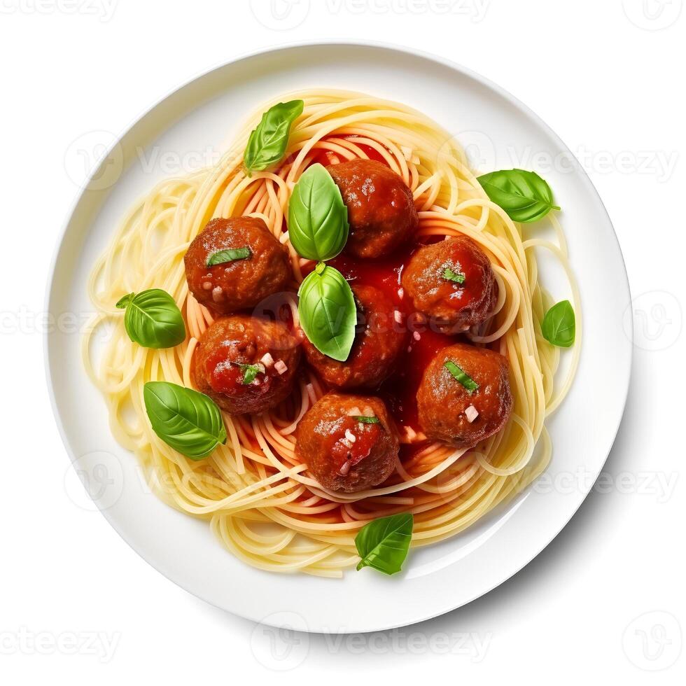 voedsel fotografie van spaghetti met gehaktballen Aan bord geïsoleerd Aan wit achtergrond. generatief ai foto