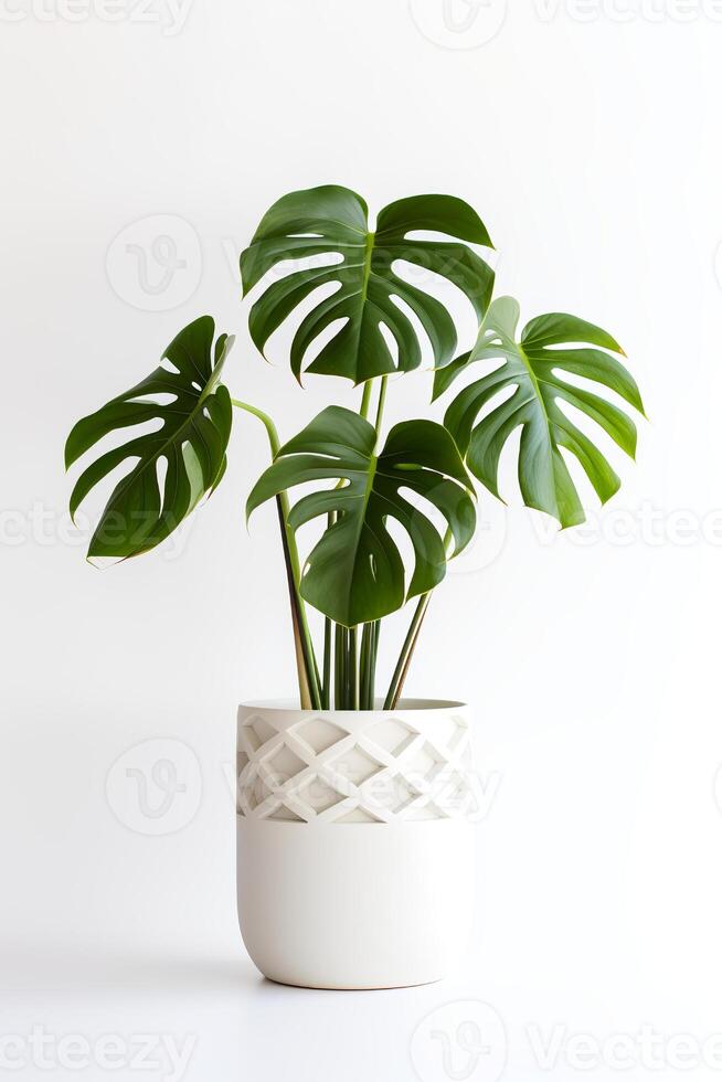 foto van monstera in minimalistische pot net zo kamerplant voor huis decoratie geïsoleerd Aan wit achtergrond. generatief ai