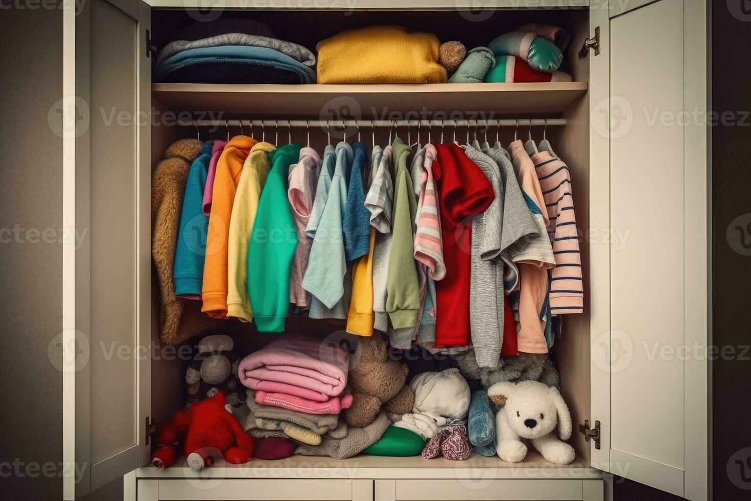 kinderen garderobe kleren in de kast. generatief ai technologie. foto