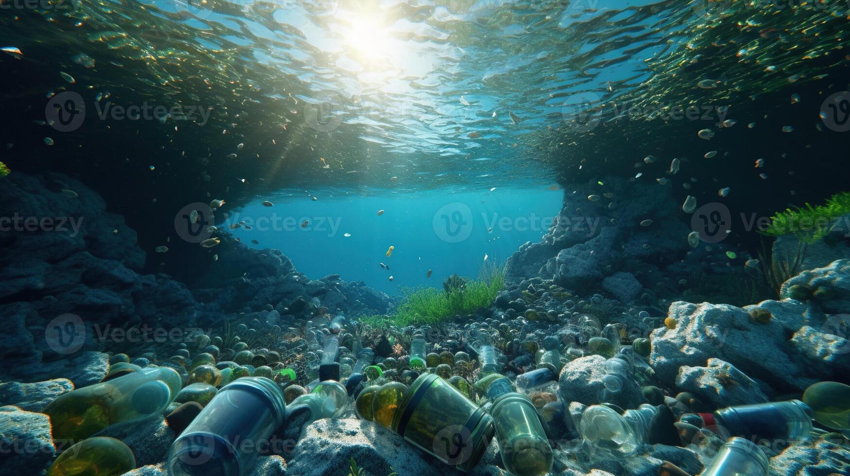 generatief ai, plastic vervoerder Tassen, flessen en andere vuilnis verontreiniging in oceaan. milieu concept foto