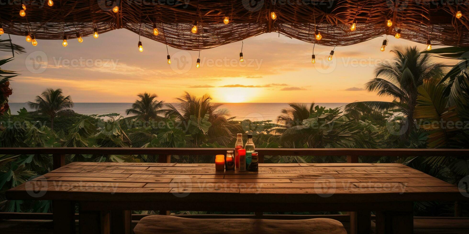 generatief ai, tropisch zomer zonsondergang strand bar achtergrond. buitenshuis restaurant, LED licht kaarsen en houten tafels, stoelen onder mooi zonsondergang lucht, zee visie. foto