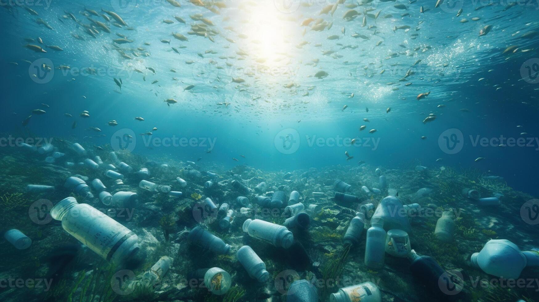 generatief ai, plastic vervoerder Tassen, flessen en andere vuilnis verontreiniging in oceaan. milieu concept foto