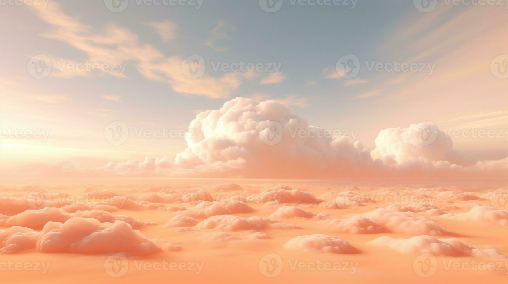 generatief ai, licht oranje, abrikoos kleur fantastisch 3d wolken Aan de vloer, lucht en landschap. teder kleuren en met helder lichten. foto