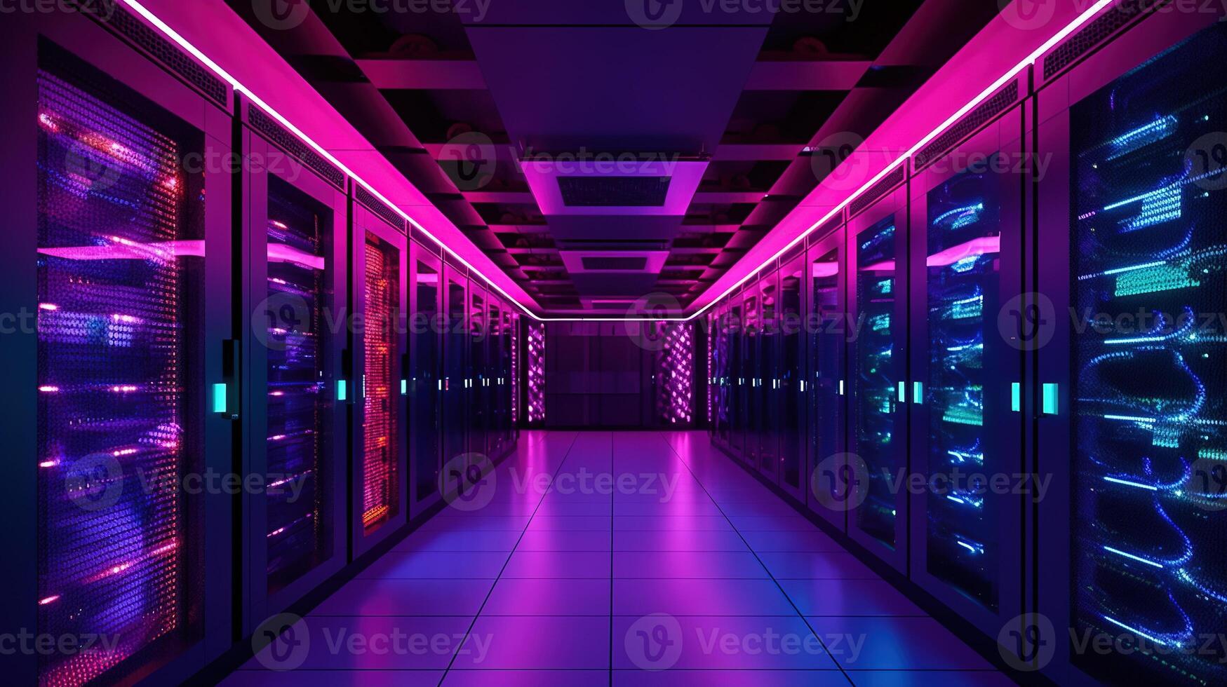 generatief ai, gegevens centrum, modern hoog technologie server kamer in Purper neon kleuren. modern telecommunicatie, wolk computergebruik, kunstmatig intelligentie, databank. foto