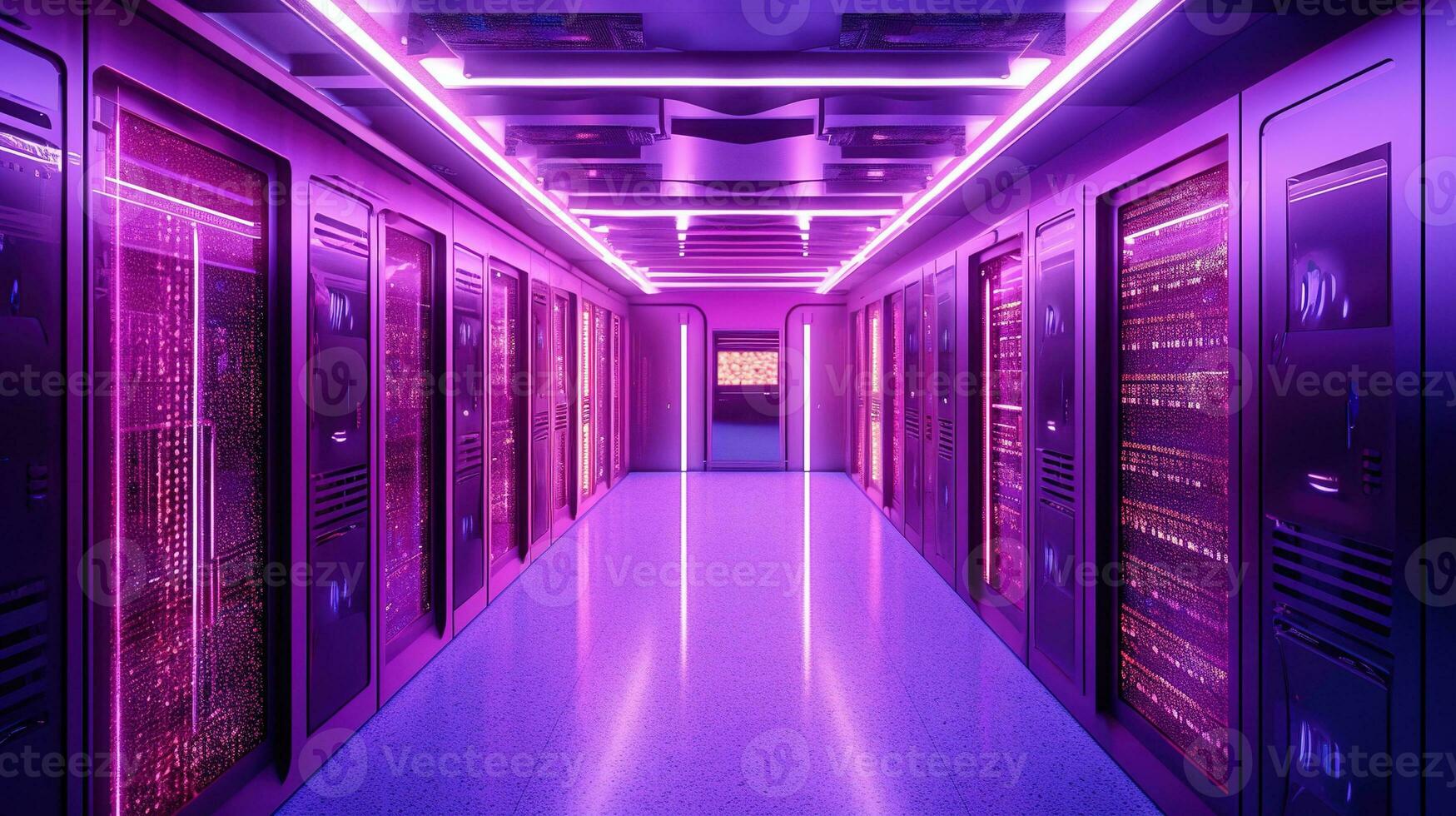 generatief ai, gegevens centrum, modern hoog technologie server kamer in Purper neon kleuren. modern telecommunicatie, wolk computergebruik, kunstmatig intelligentie, databank. foto