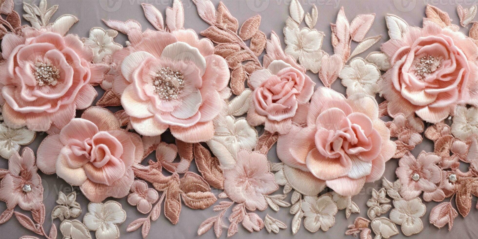generatief ai, geborduurd haveloos chique barok licht roze rozen patroon. bloemen afdrukken Aan zijde achtergrond foto