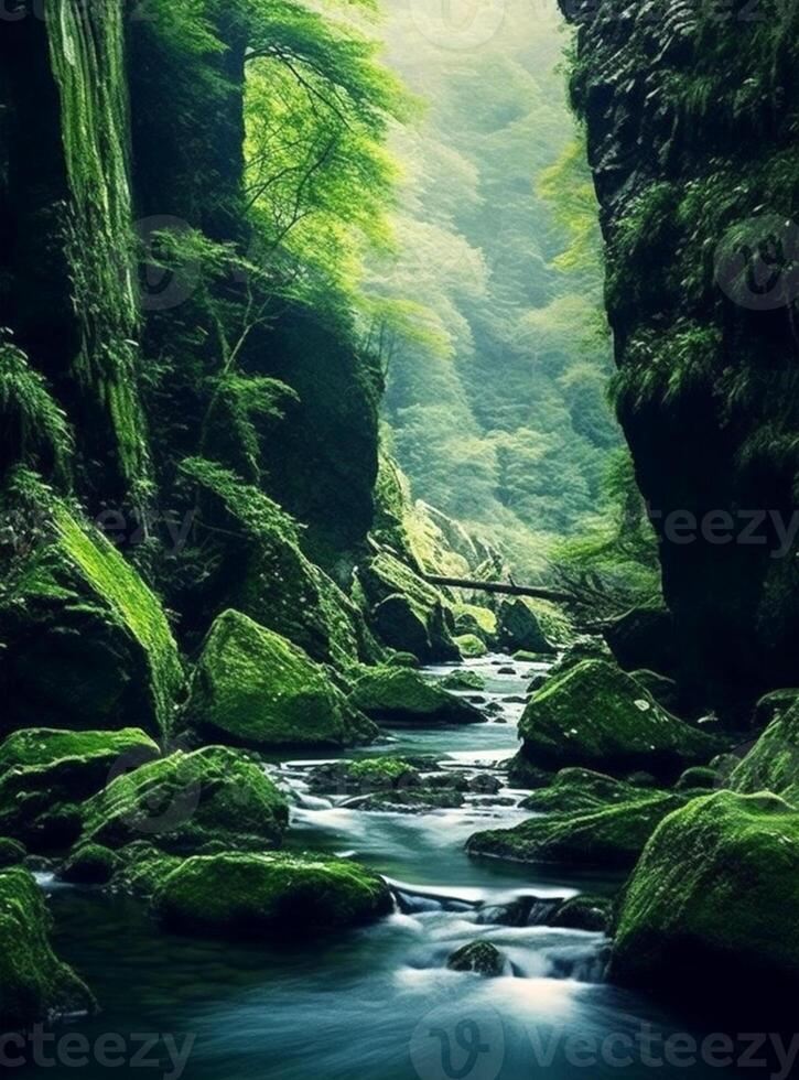 klif landschap met vloeiende rivier- en groen bomen, generatief ai foto