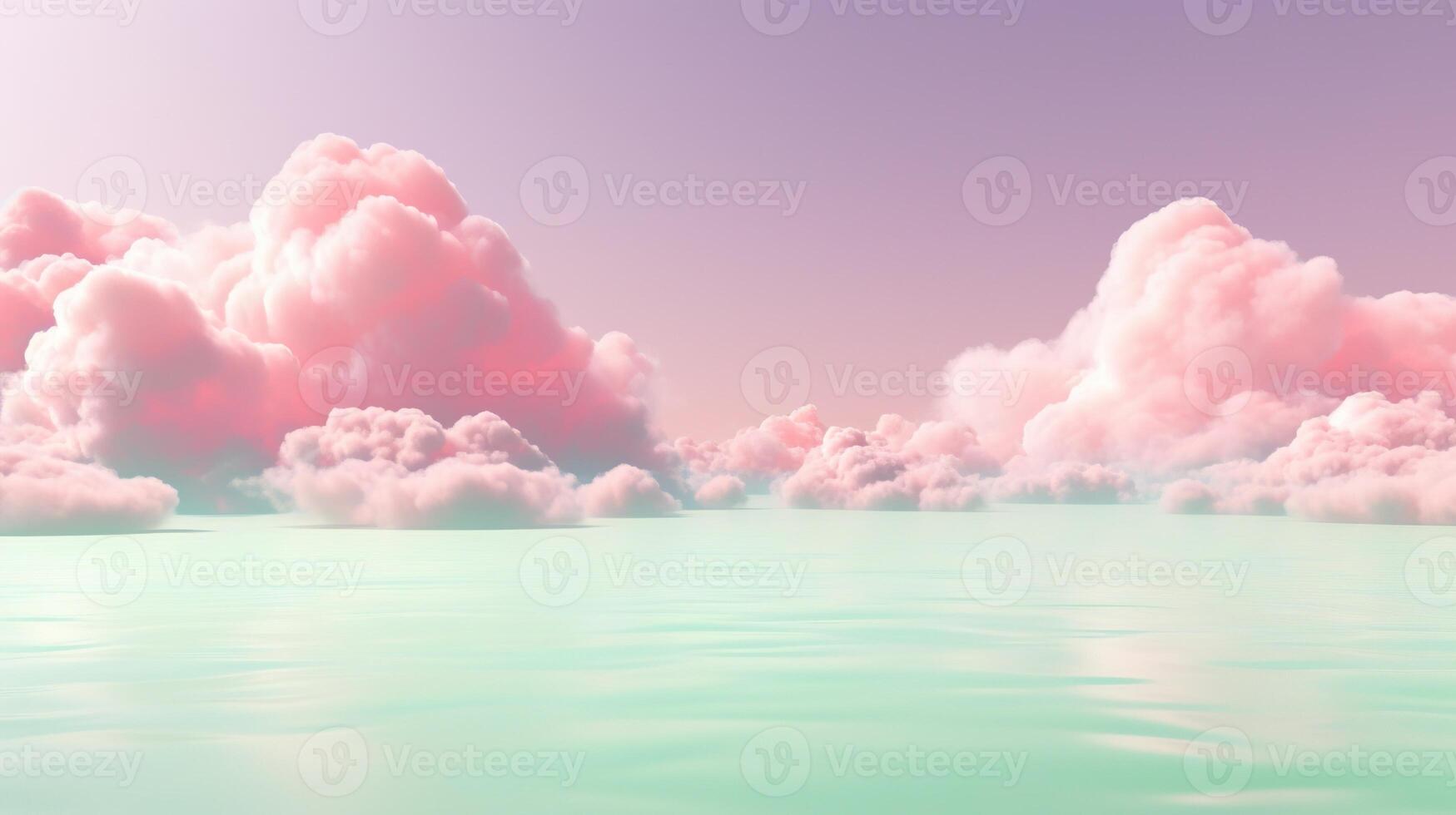 generatief ai, roze en groen fantastisch 3d wolken Aan de vloer, lucht en landschap. teder kleuren en met helder lichten. foto