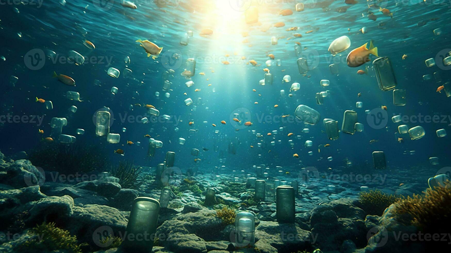 generatief ai, plastic vervoerder Tassen, flessen en andere vuilnis verontreiniging in oceaan. milieu concept foto