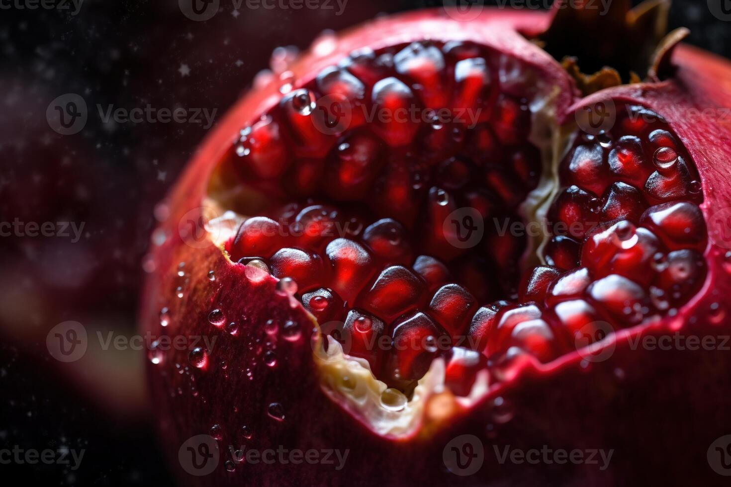 generatief ai, macro vers sappig voor de helft van granaatappel fruit achtergrond. detailopname foto