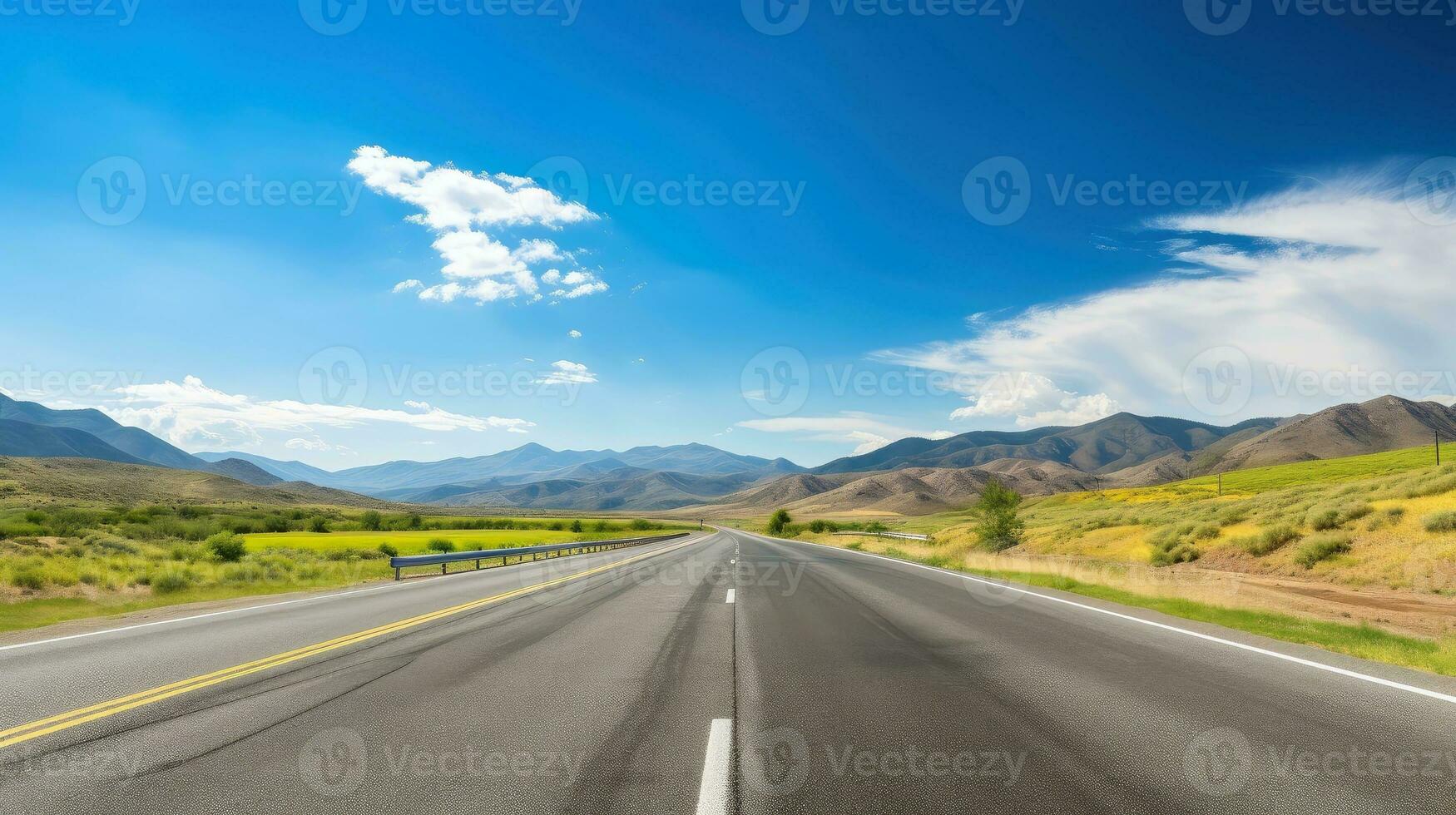 illustratie beeld van landschap met land weg, leeg asfalt weg Aan blauw bewolkt lucht achtergrond. veelkleurig levendig buitenshuis horizontaal afbeelding, generatief ai illustratie foto