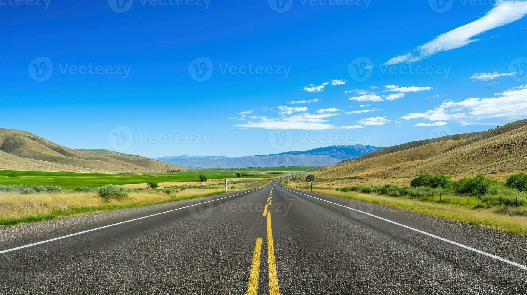 illustratie beeld van landschap met land weg, leeg asfalt weg Aan blauw bewolkt lucht achtergrond. veelkleurig levendig buitenshuis horizontaal afbeelding, generatief ai illustratie foto