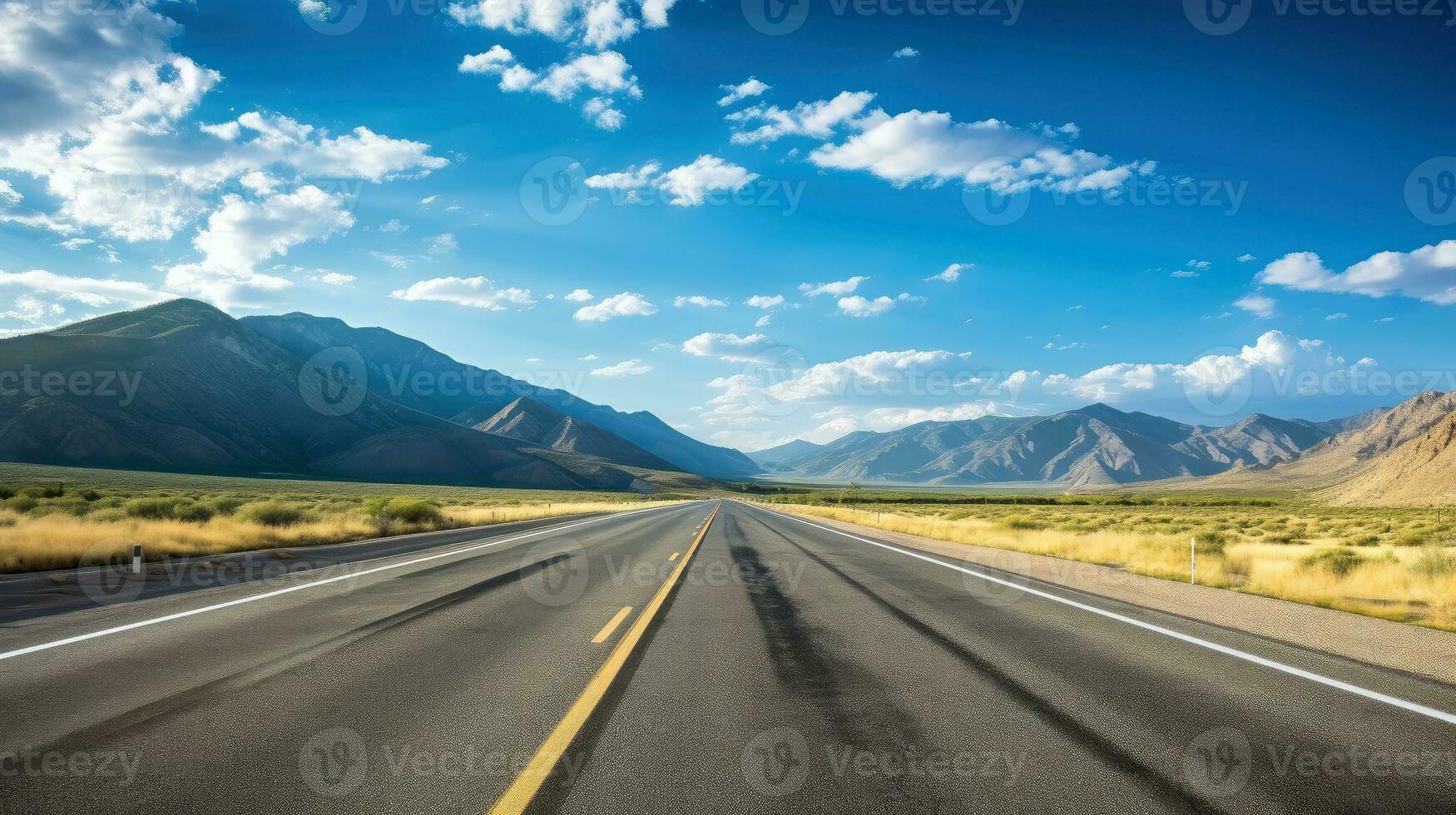 illustratie beeld van landschap met land weg, leeg asfalt weg Aan blauw bewolkt lucht achtergrond. veelkleurig levendig buitenshuis horizontaal afbeelding, generatief ai illustratie foto