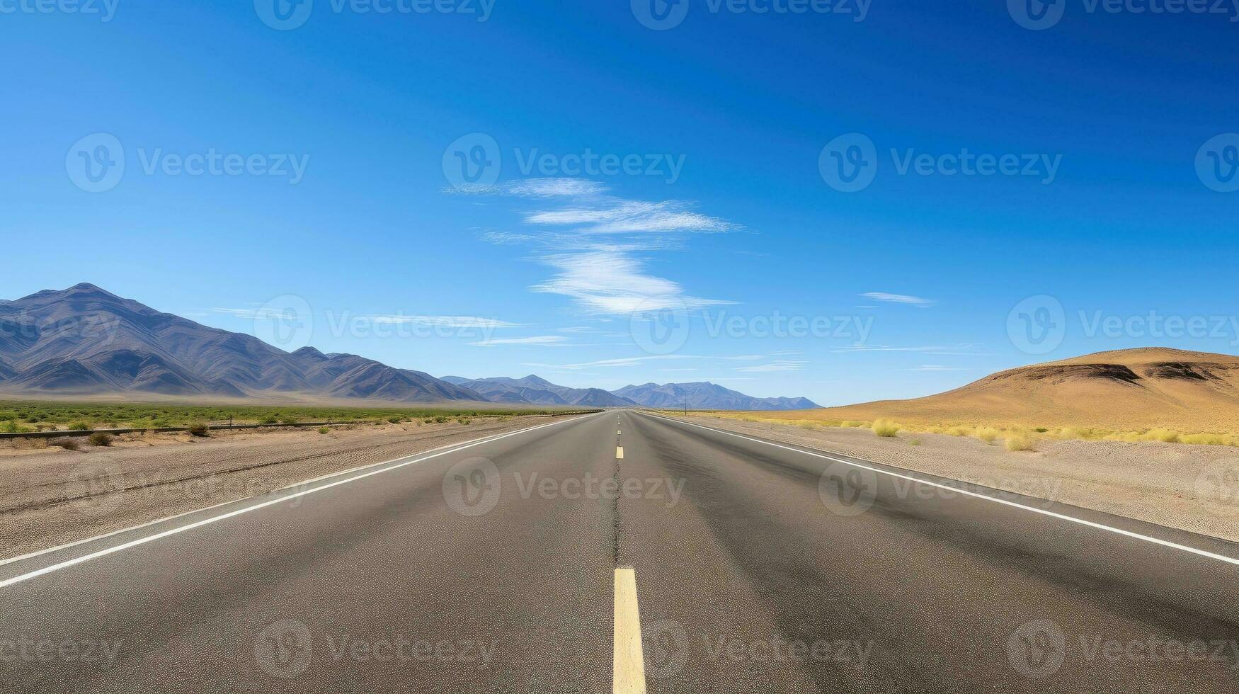 illustratie beeld van landschap met land weg, leeg asfalt weg Aan blauw bewolkt lucht achtergrond. veelkleurig levendig buitenshuis horizontaal afbeelding, generatief ai illustratie foto