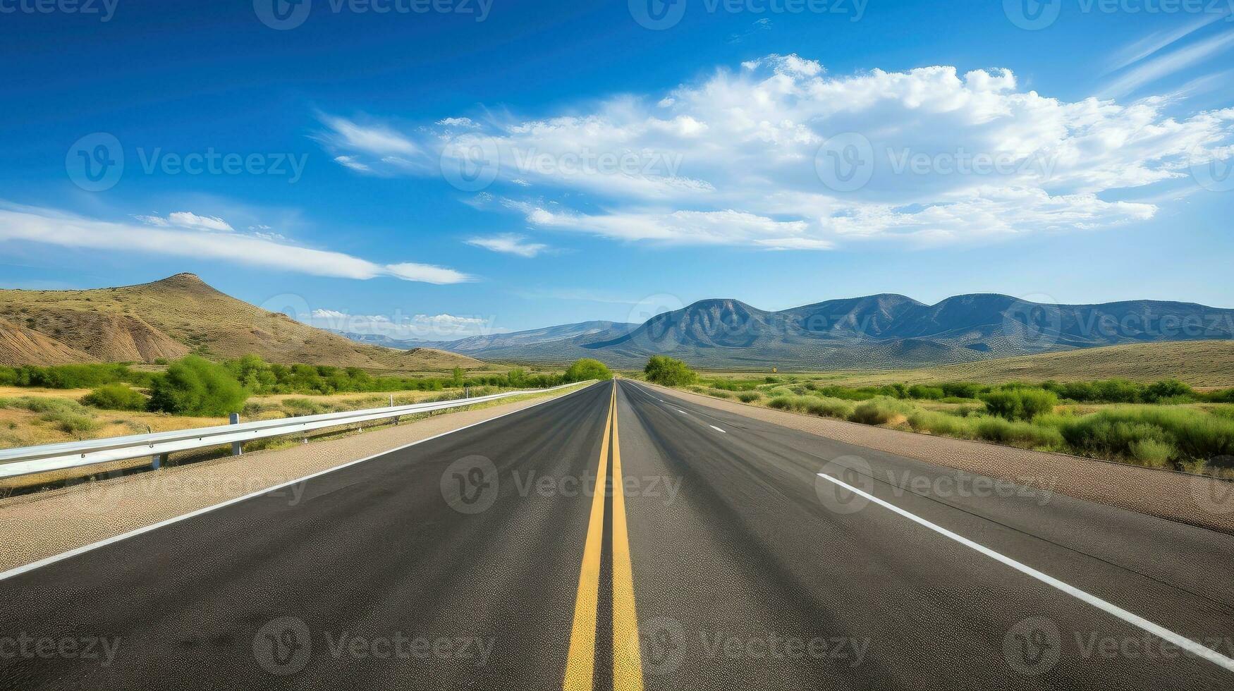 illustratie beeld van landschap met land weg, leeg asfalt weg Aan blauw bewolkt lucht achtergrond. veelkleurig levendig buitenshuis horizontaal afbeelding, generatief ai illustratie foto