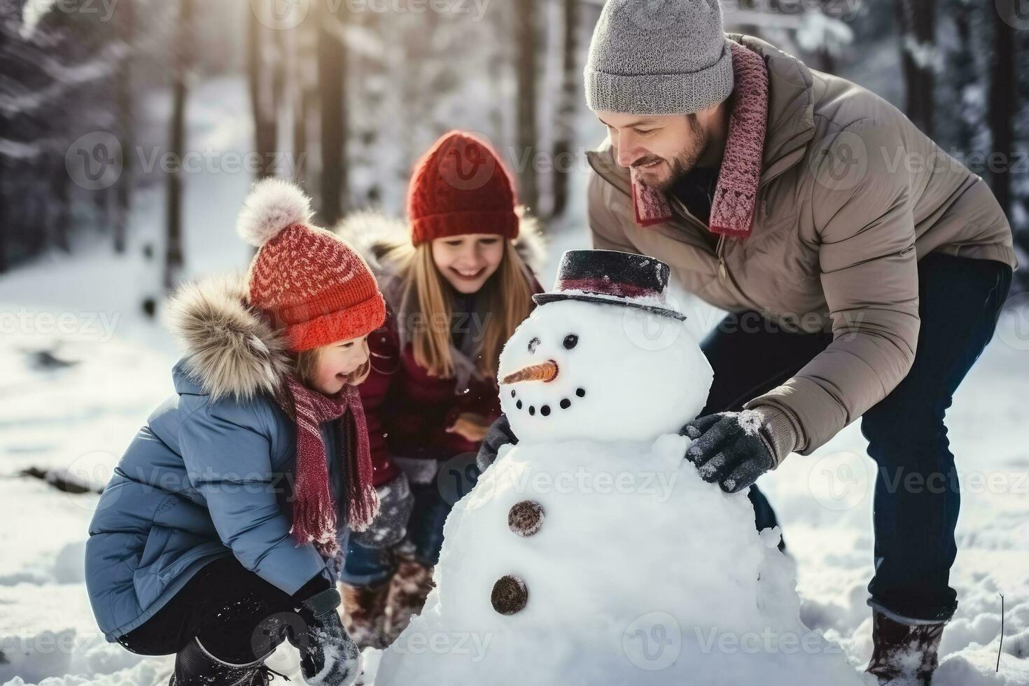 familie gebouw een sneeuwman in de winter park achtergrond foto