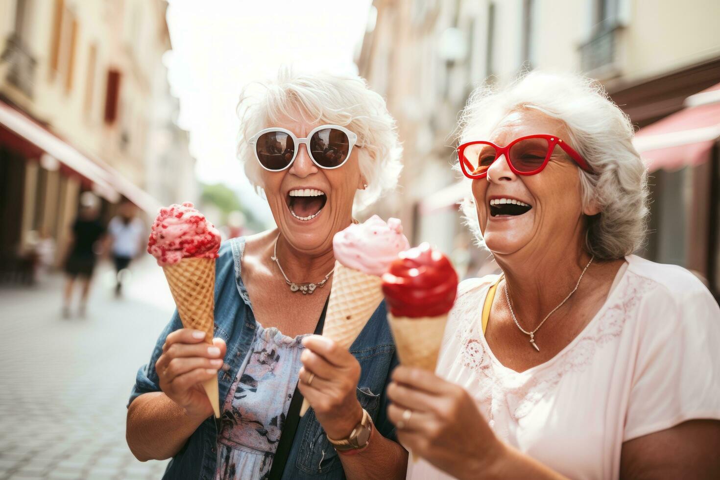 Dames hebben pret en hebben ijs room kegels in de stad straat, in de stijl van grootouders foto