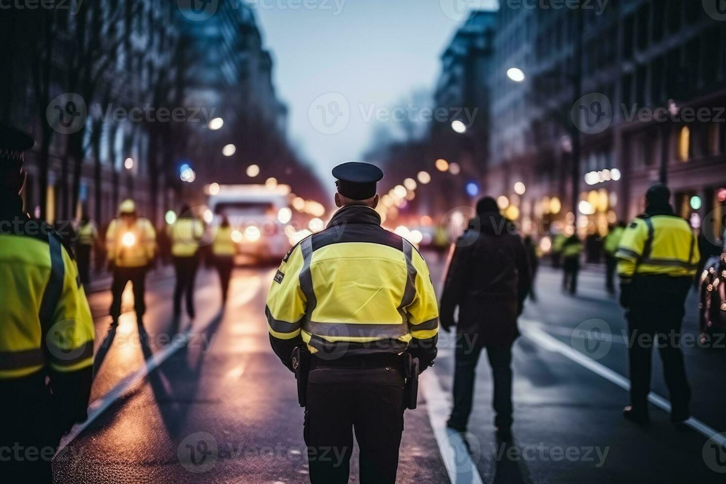 Politie officieren regisseren verkeer in een bezig stad foto met leeg ruimte voor tekst