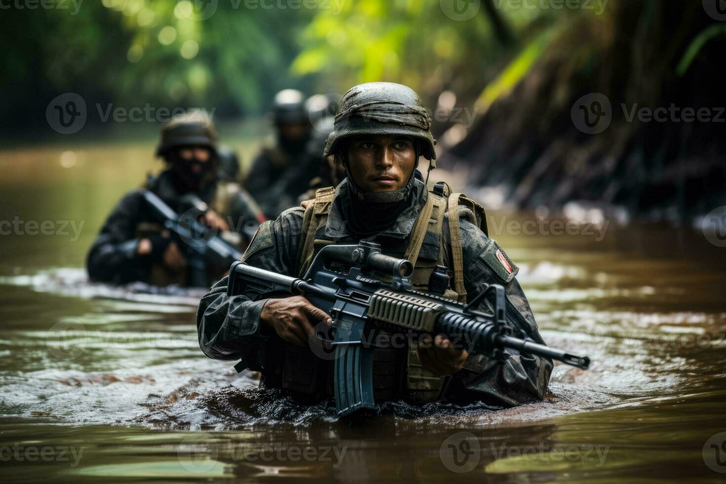 braziliaans leger in een rivier- patrouille in de amazon foto met leeg ruimte voor tekst