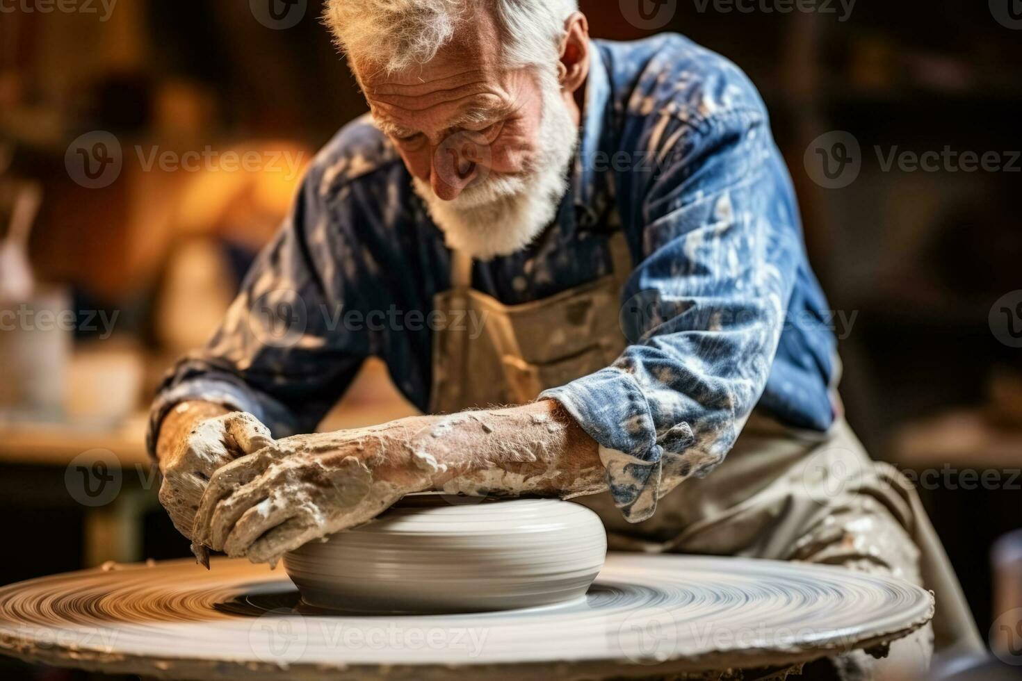 senior Mens werken Aan een pottenbakkerij wiel in een werkplaats foto met leeg ruimte voor tekst