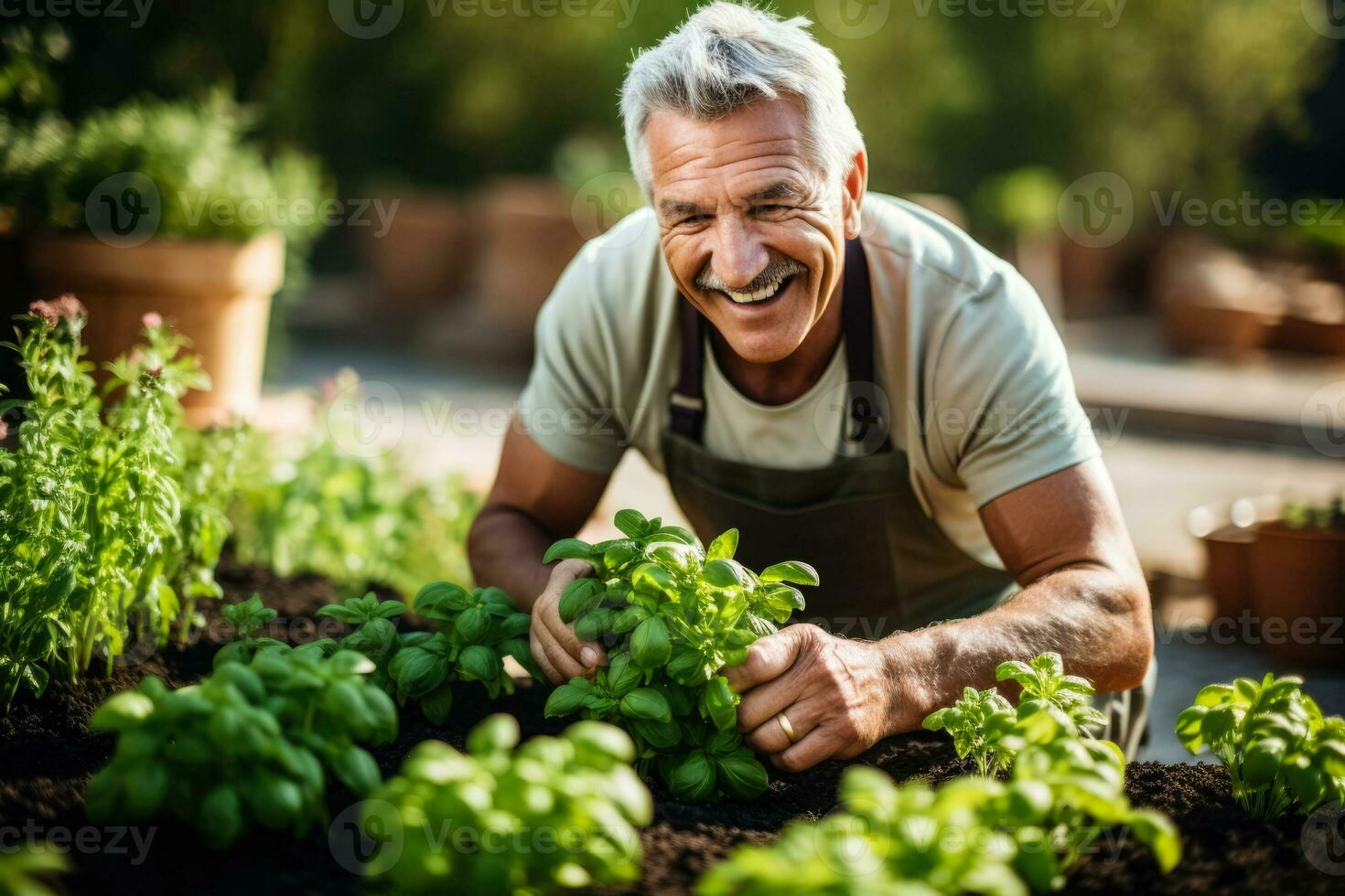 senior Italiaans Mens tuinieren in zijn achtertuin foto met leeg ruimte voor tekst