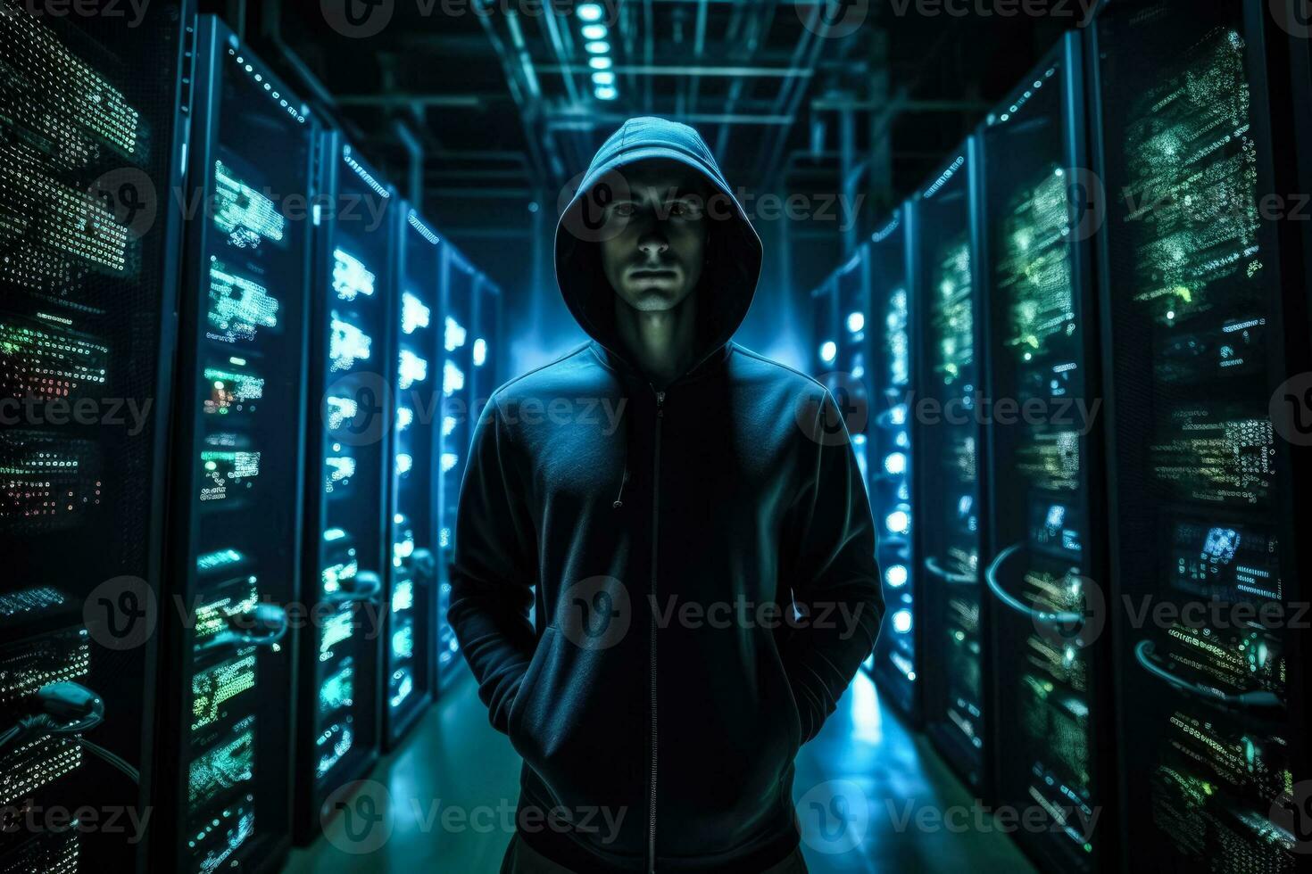 hacker in de server kamer foto met leeg ruimte voor tekst