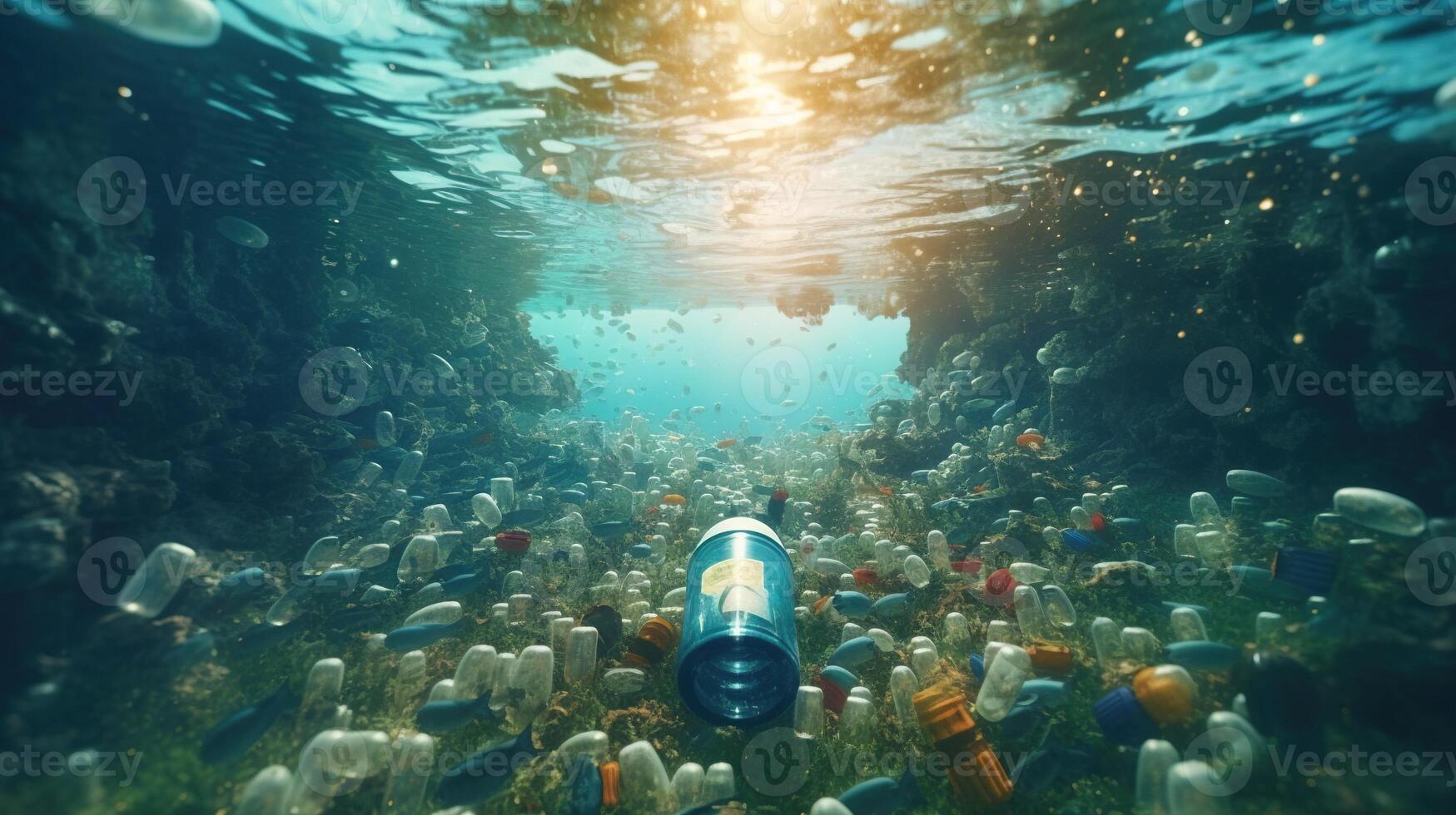 generatief ai, plastic vervoerder Tassen, flessen en andere vuilnis verontreiniging in oceaan. milieu concept foto