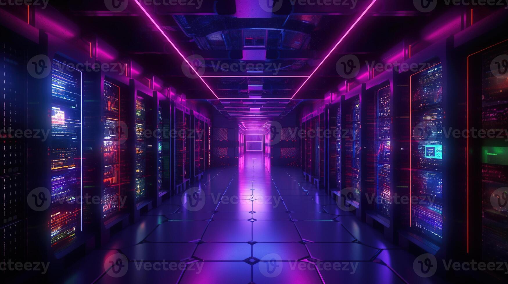 generatief ai, gegevens centrum, modern hoog technologie server kamer in Purper neon kleuren. modern telecommunicatie, wolk computergebruik, kunstmatig intelligentie, databank. foto