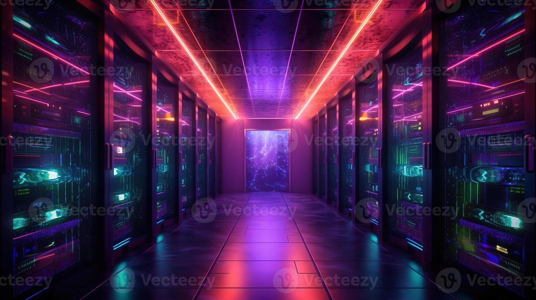 generatief ai, gegevens centrum, modern hoog technologie server kamer in Purper neon kleuren. modern telecommunicatie, wolk computergebruik, kunstmatig intelligentie, databank. foto