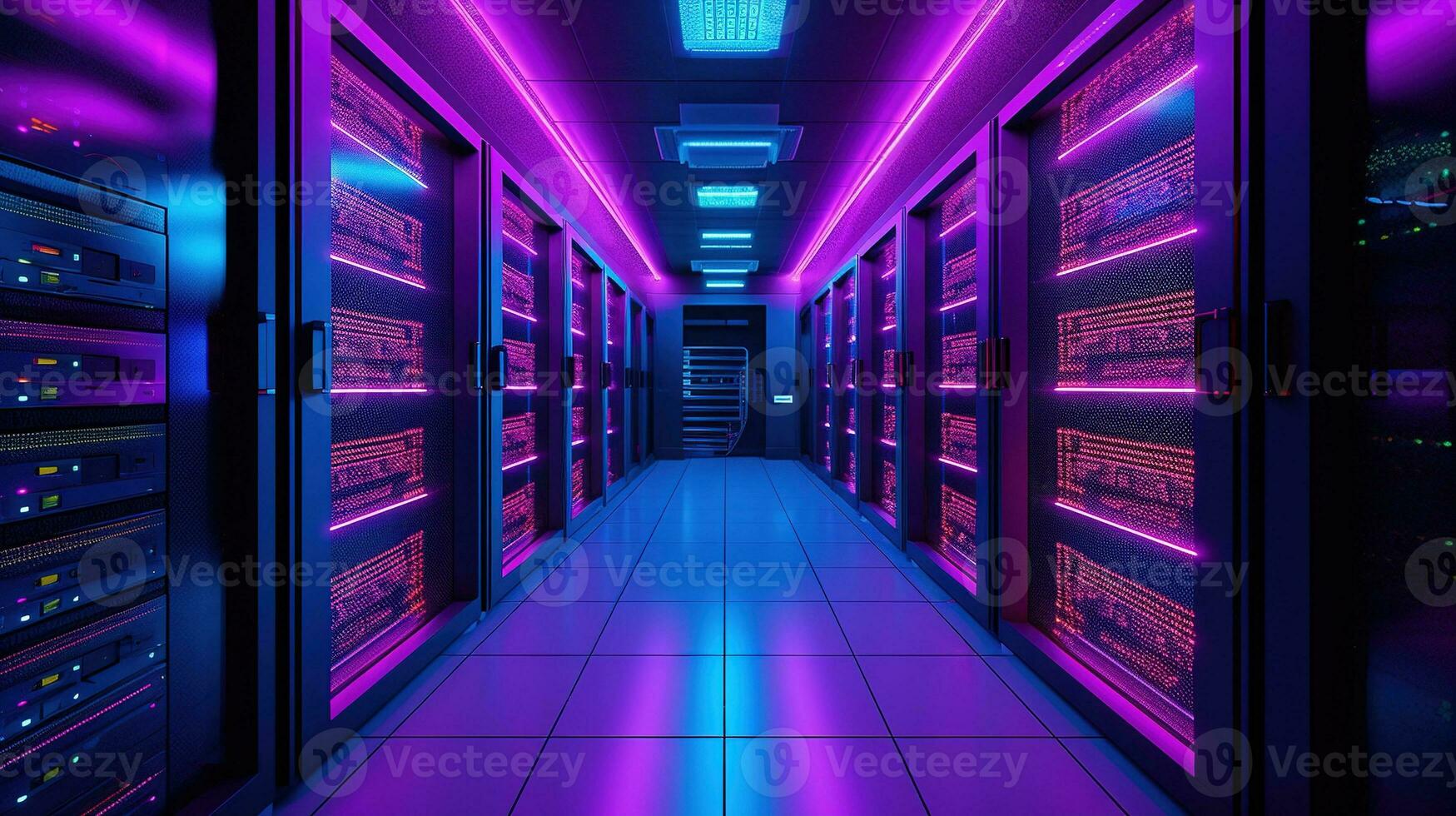 generatief ai, gegevens centrum, modern hoog technologie server kamer in Purper neon kleuren. modern telecommunicatie, wolk computergebruik, kunstmatig intelligentie, databank. foto
