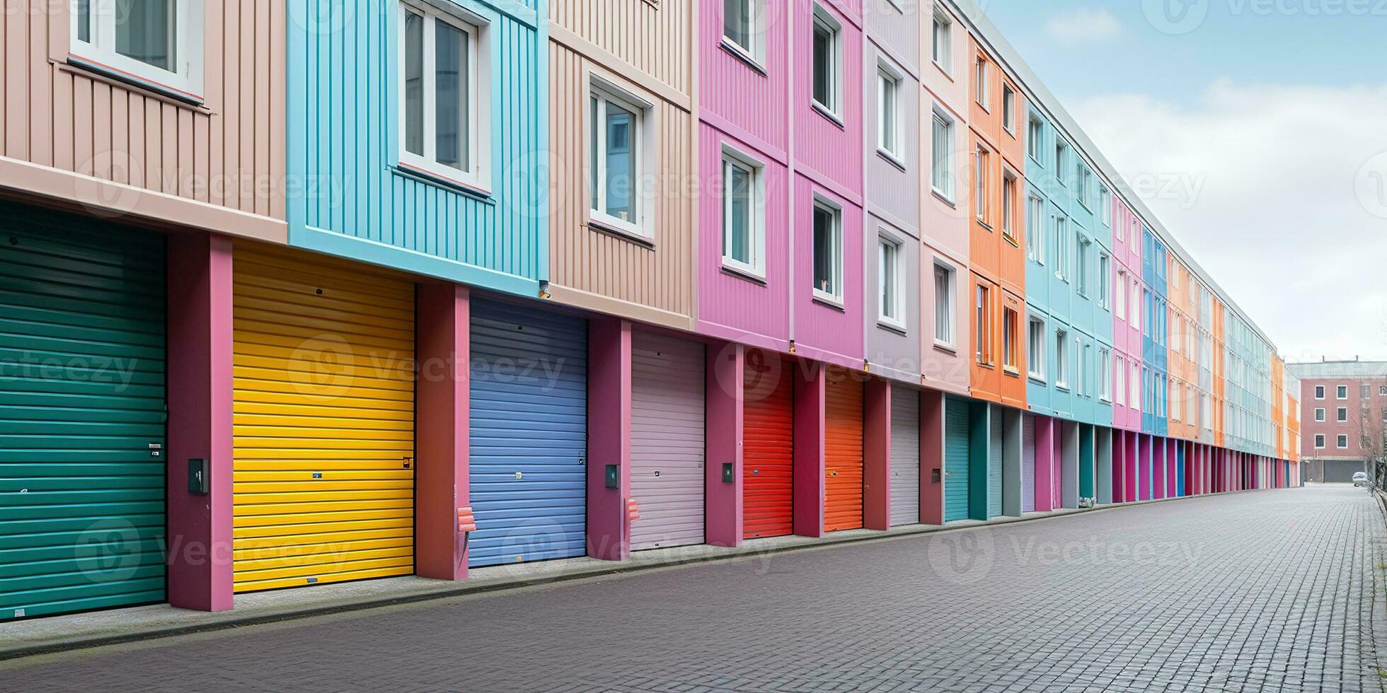 generatief ai, mini kleurrijk metaal zelf opslagruimte faciliteiten verhuur eenheden, magazijn buitenkant, industrie garage gebouw. foto