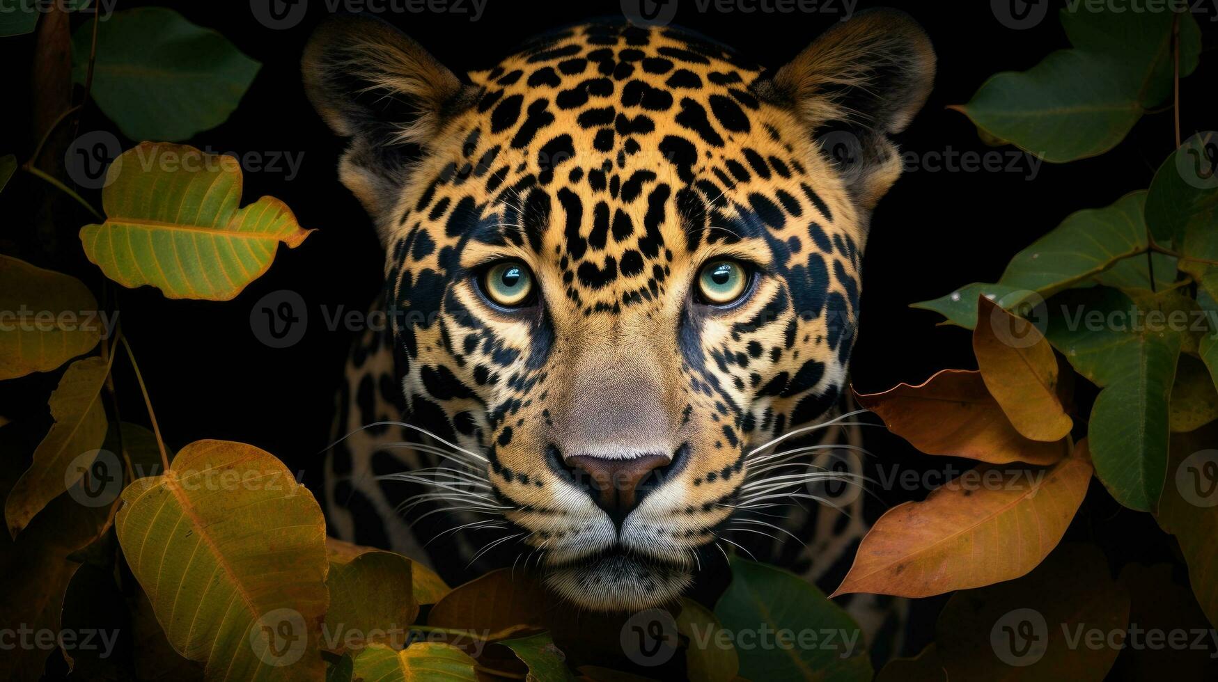 hoofd van een jaguar tussen de bladeren in de oerwoud, panthera onca. foto