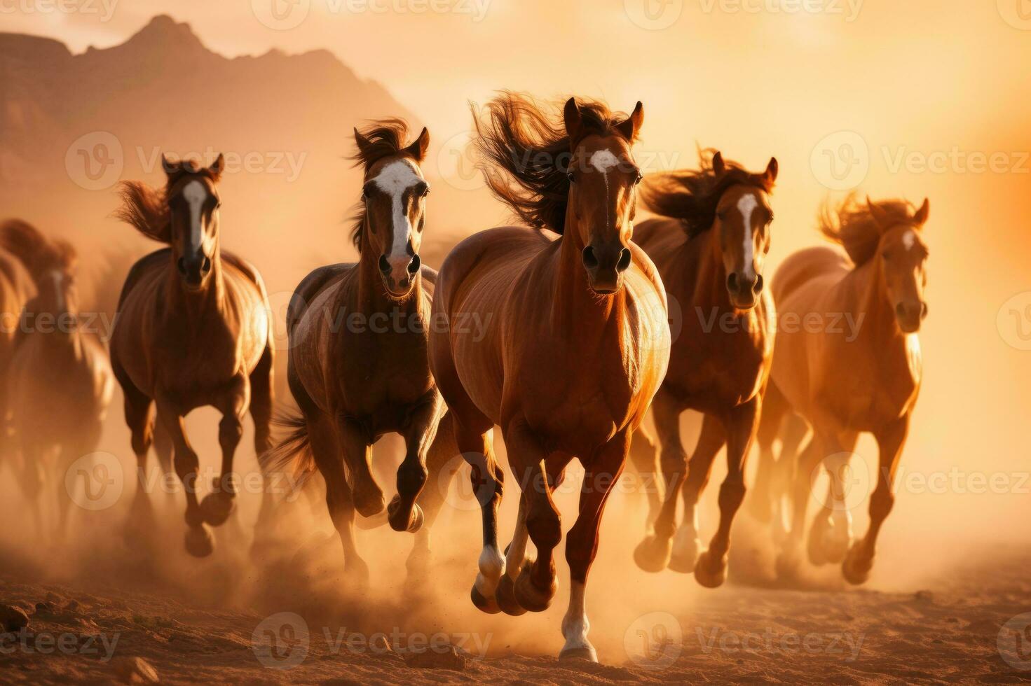 groep van paarden rennen galop in de woestijn. generatief ai foto