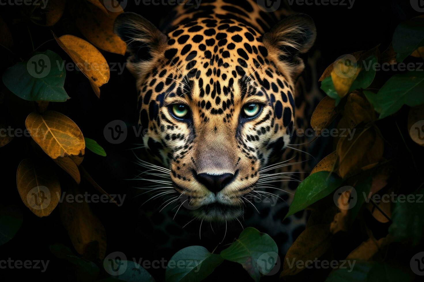 hoofd van een jaguar tussen de bladeren in de oerwoud, panthera onca. generatief ai foto