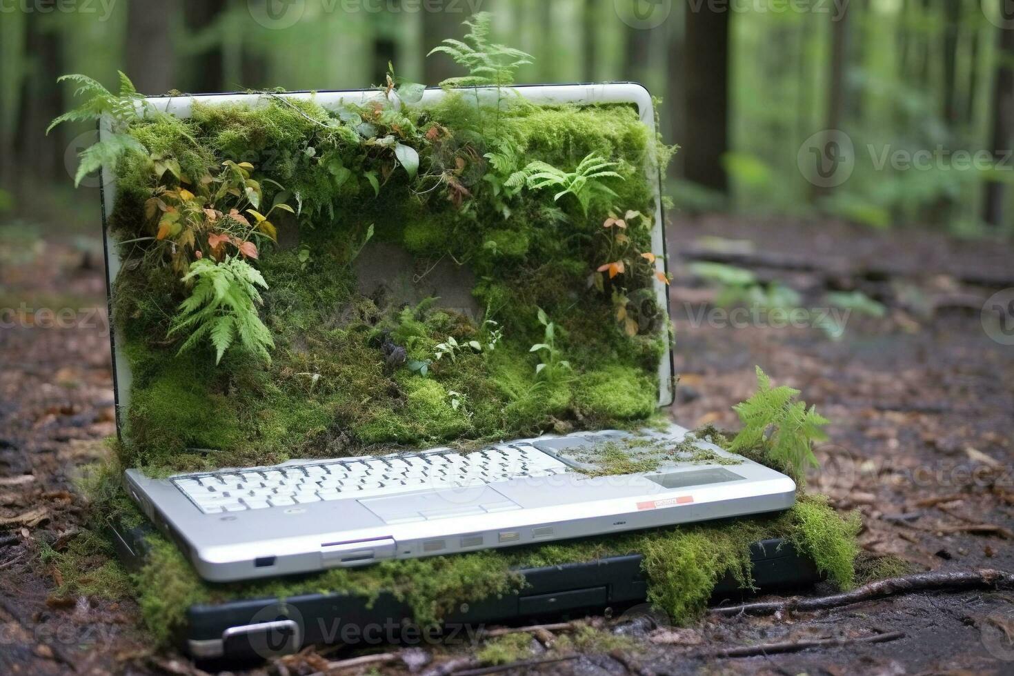 generatief ai, laptop gedekt in mos en planten. natuur en technologie concept foto