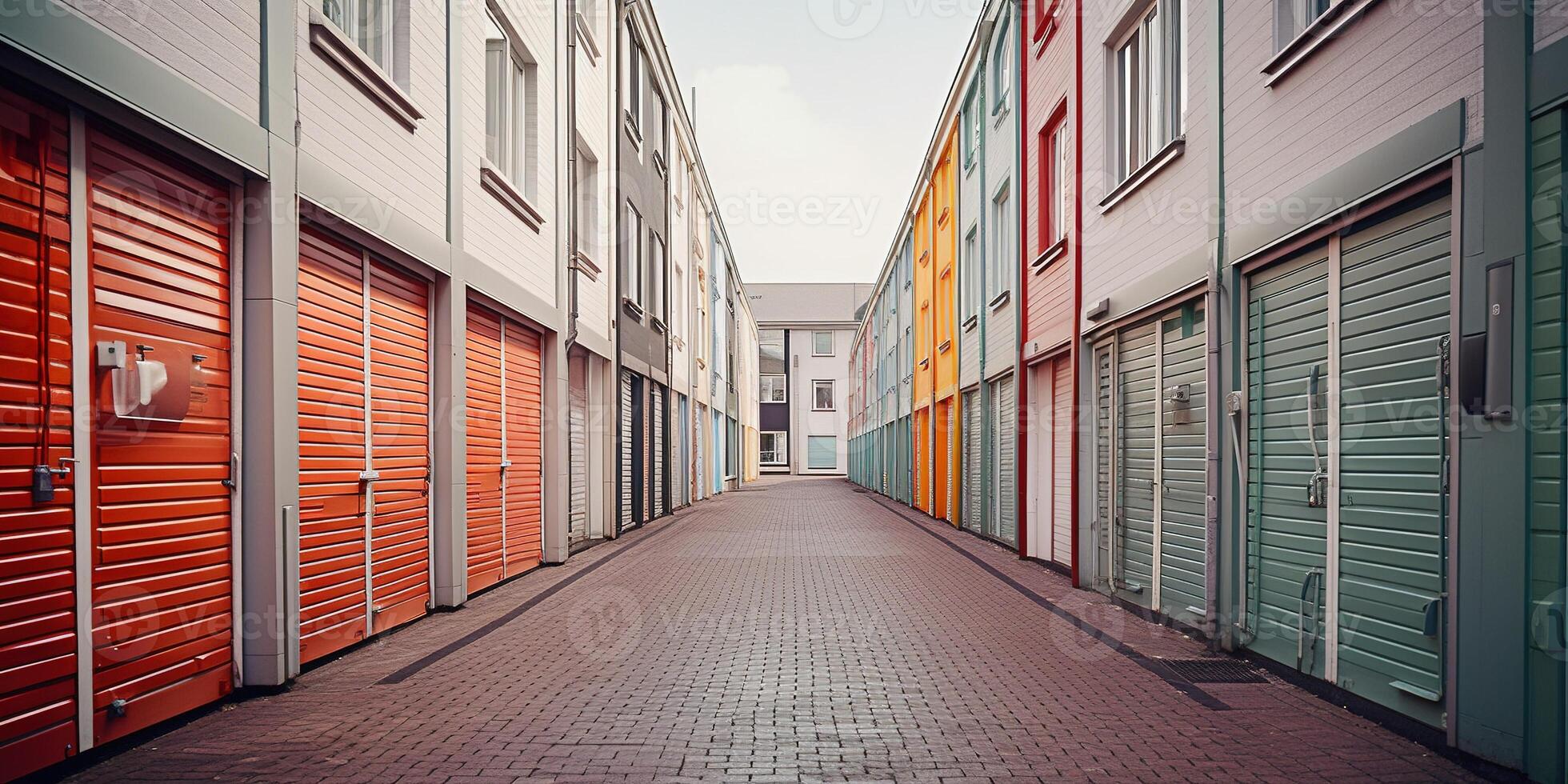 generatief ai, mini kleurrijk metaal zelf opslagruimte faciliteiten verhuur eenheden, magazijn buitenkant, industrie garage gebouw. foto