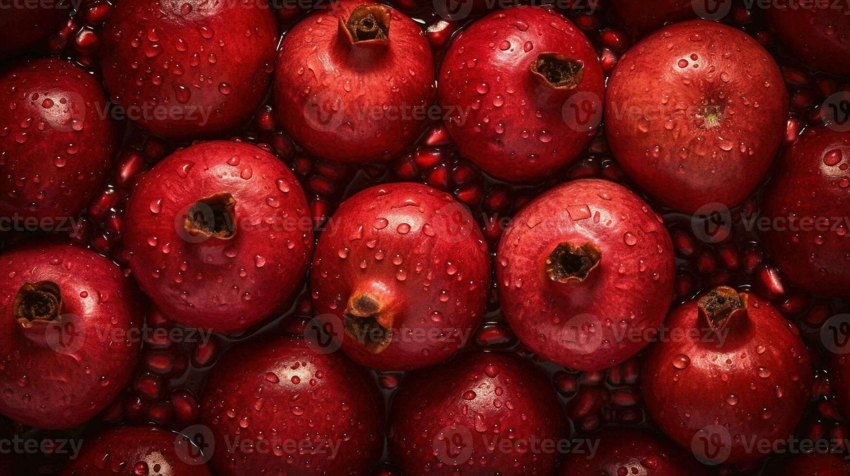 generatief ai, macro vers sappig voor de helft en geheel van granaatappel fruit achtergrond net zo patroon. detailopname foto met druppels van water