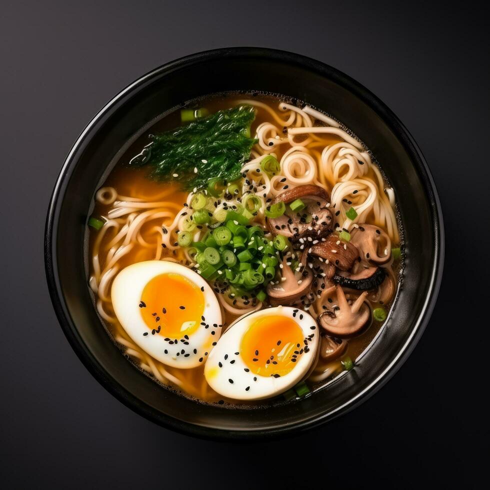 miso ramen in een zwart kom top visie geïsoleerd Aan wit achtergrond foto