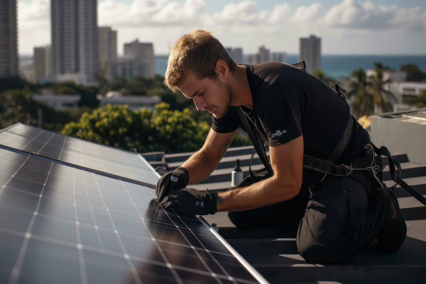 een Mens installeren zonne- panelen Aan top van een gebouw ai gegenereerd foto