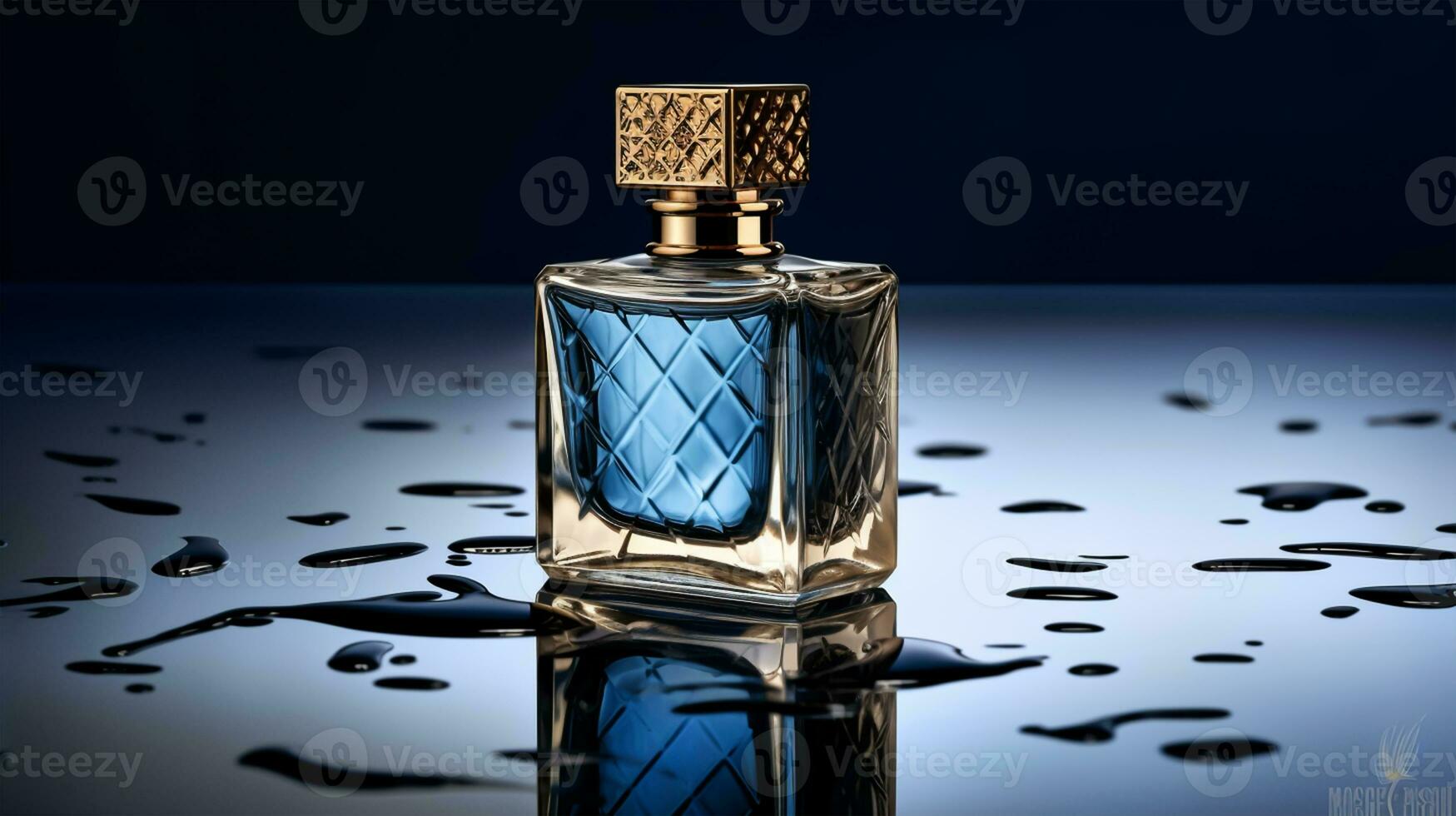 parfum fles Aan een blauw achtergrond foto