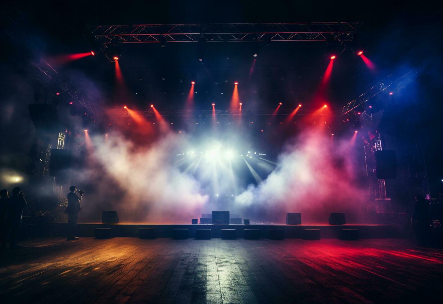 concert stadium landschap met schijnwerpers gekleurde lichten rook foto